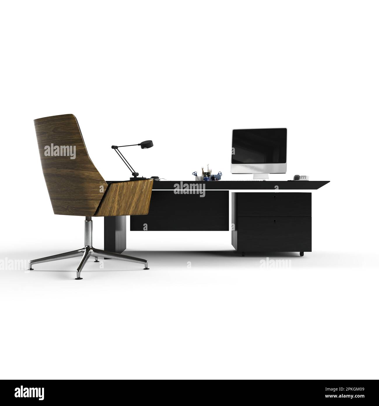 A professional office workspace featuring a computer, desk, and chair