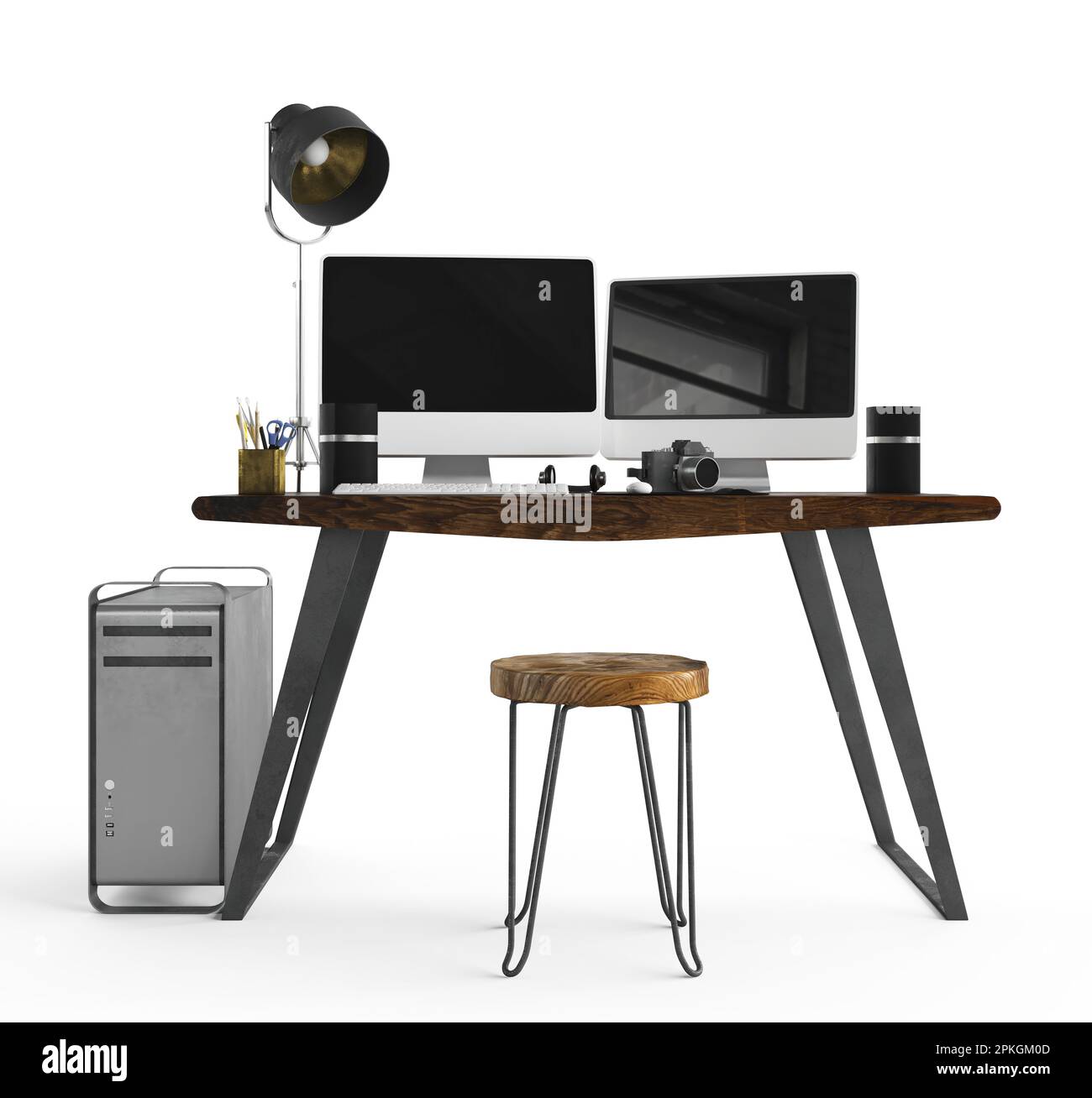 A work desk with a keyboard and two computer monitors on its surface, 3D rendered Stock Photo