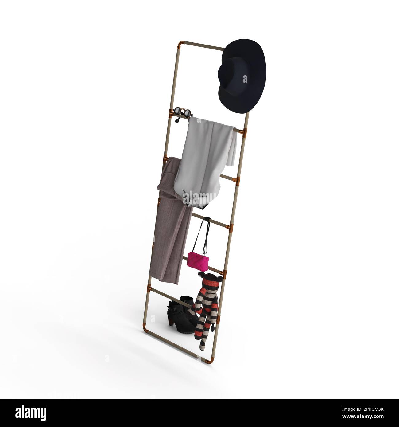 A wooden hat rack with several different hats and accessories hanging