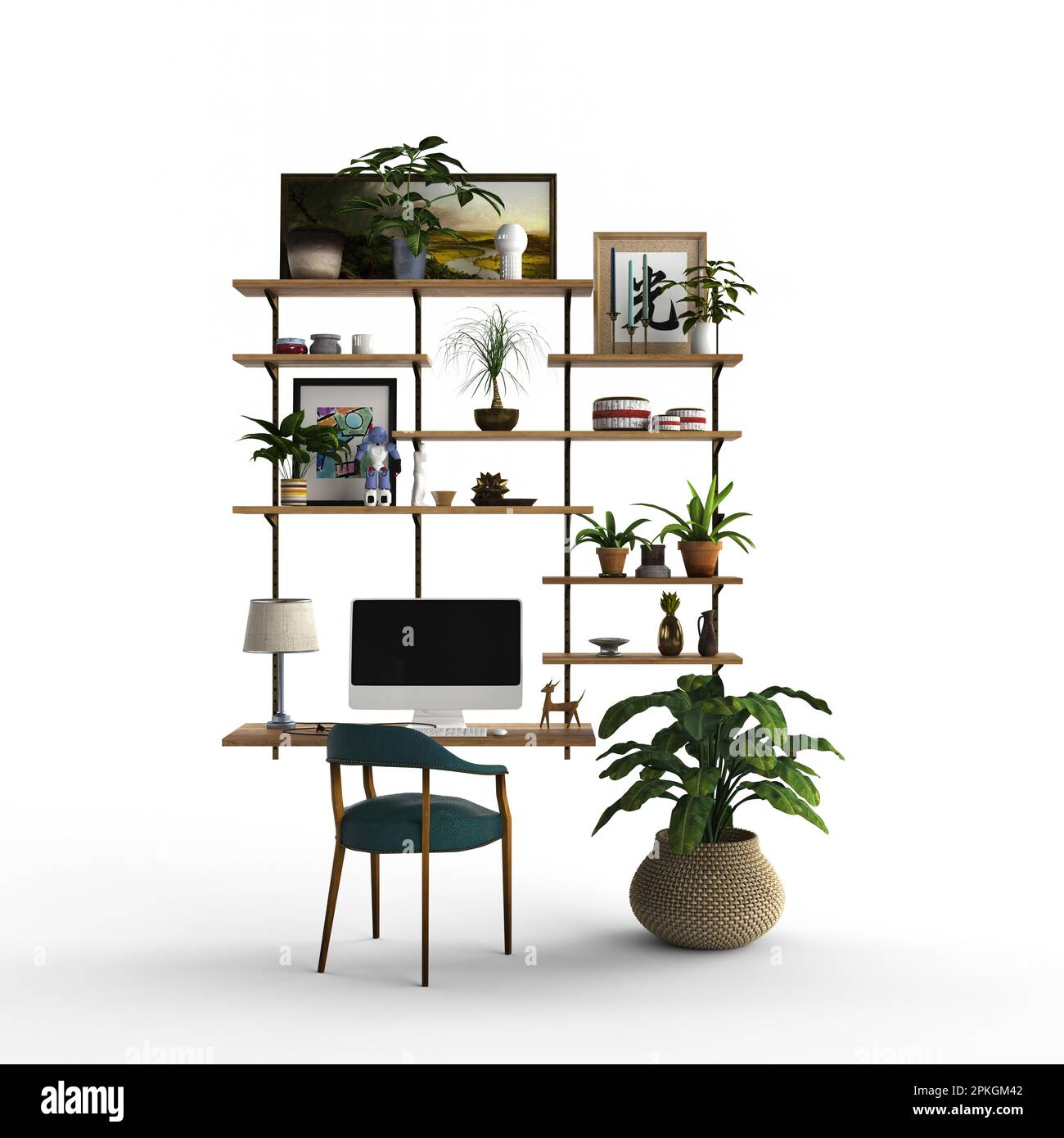 A modern home office featuring a light wood desk shelves and a potted