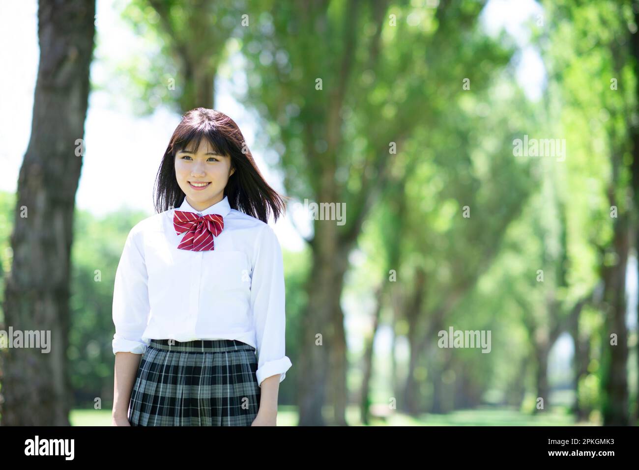 Female student smiling at a row of poplar trees Stock Photo - Alamy
