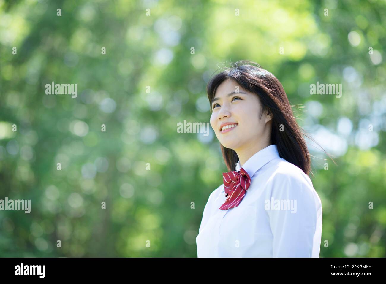 Female student smiling at a row of poplar trees Stock Photo - Alamy