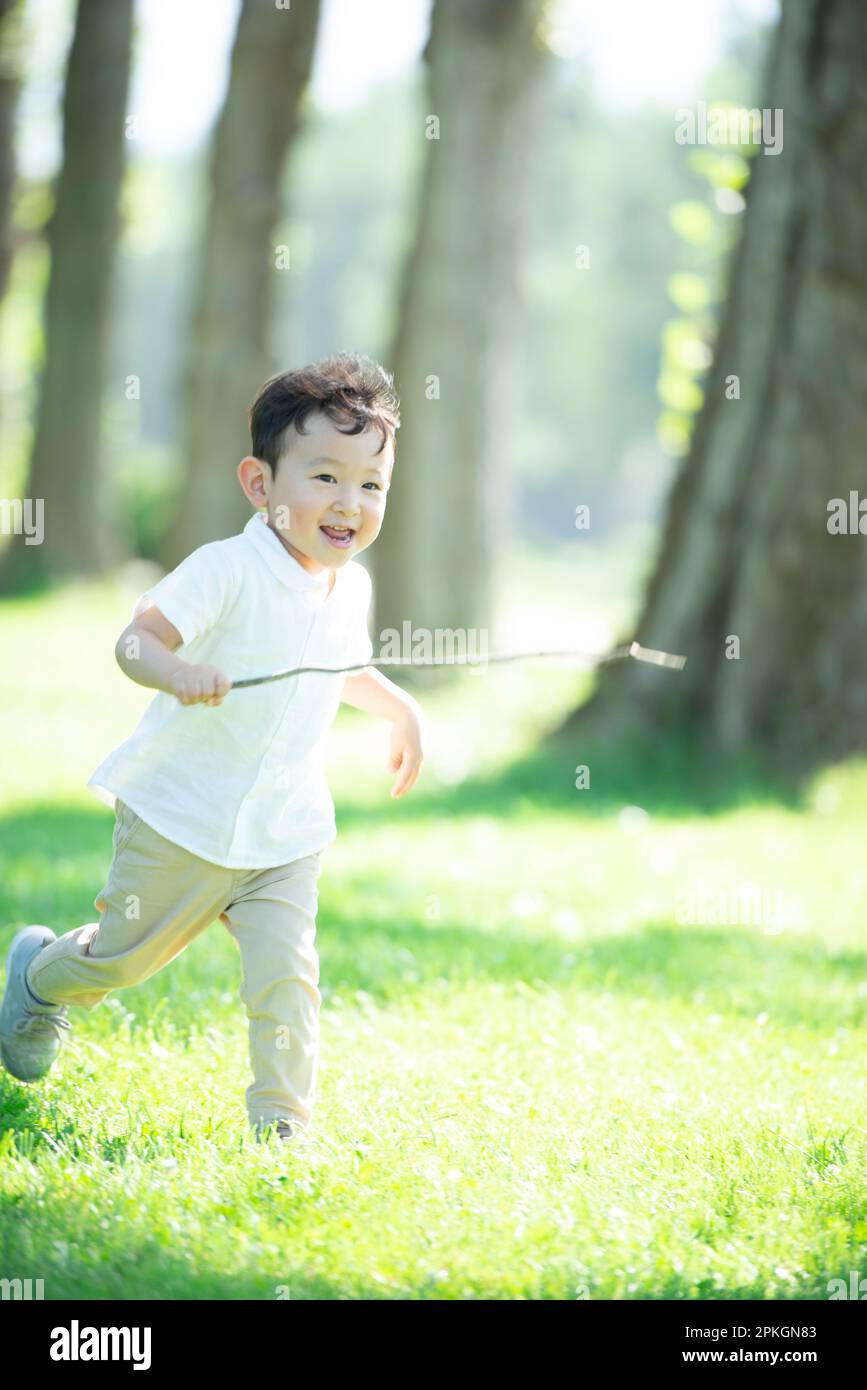 A boy running along the poplar trees Stock Photo