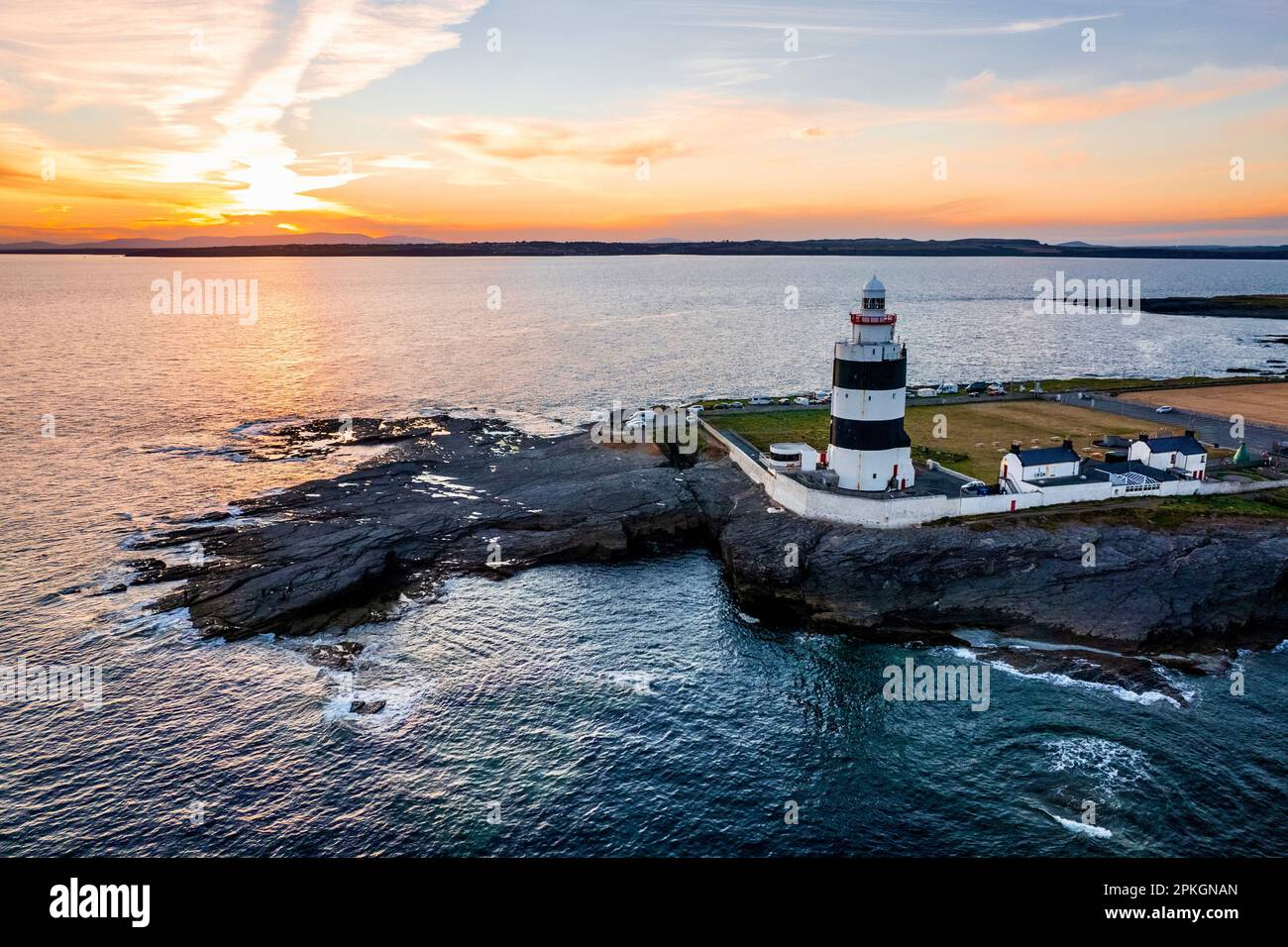 Aerial view of Hook Lighthouse building on Hook Head at the tip of the