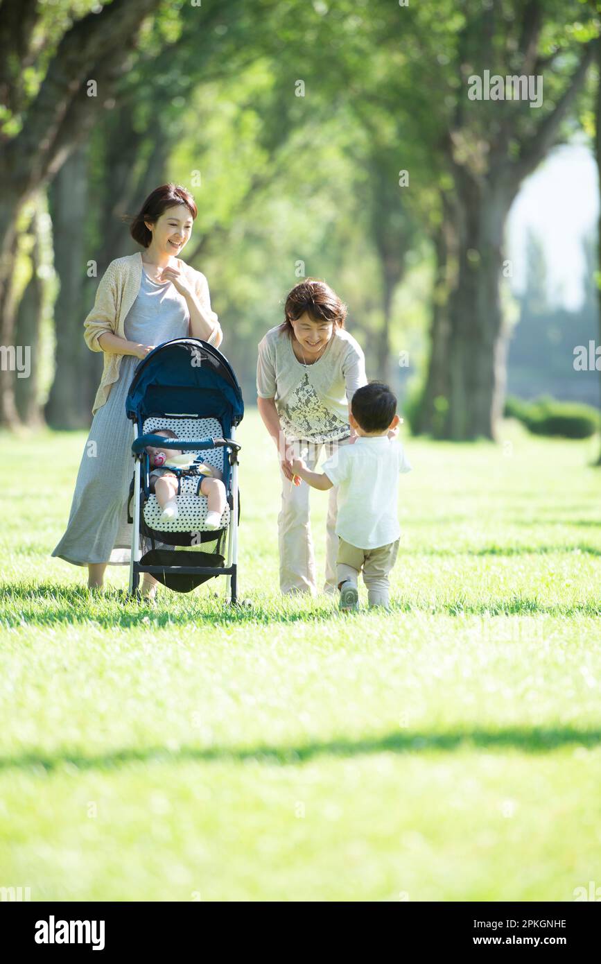 Family of three generations taking a walk along poplar trees Stock ...