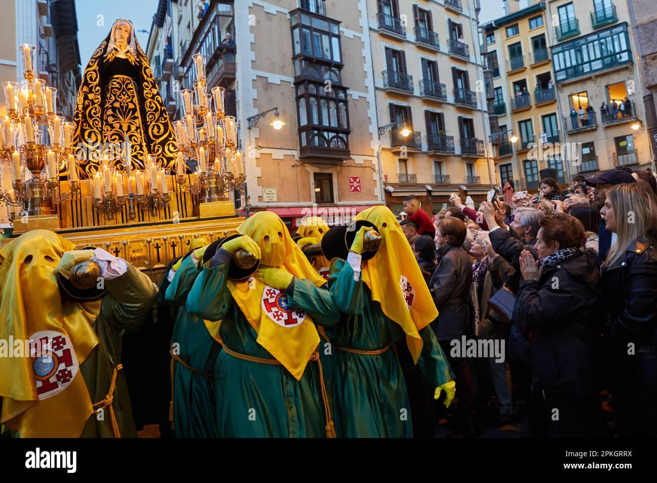 Pamplona, Navarra, España. Spain.7th Apr. 2023. Religion. Holy Week Processions. The step of 'La Dolorosa', created by Rosendo Nobas in 1883, is the oldest of the Holy Burial procession on Good Friday in Pamplona, and joins the parade after leaving the Cathedral of Santa María La Real to participate in the most highlight of Holy Week in Pamplona, in which twelve steps parade through the streets of the old town on a route of more than 2 kilometers and with the participation of nearly 2,000 people in the different groups that participate in the procession in Pamplona (Spain) on April 7, 2023. Cr Stock Photo