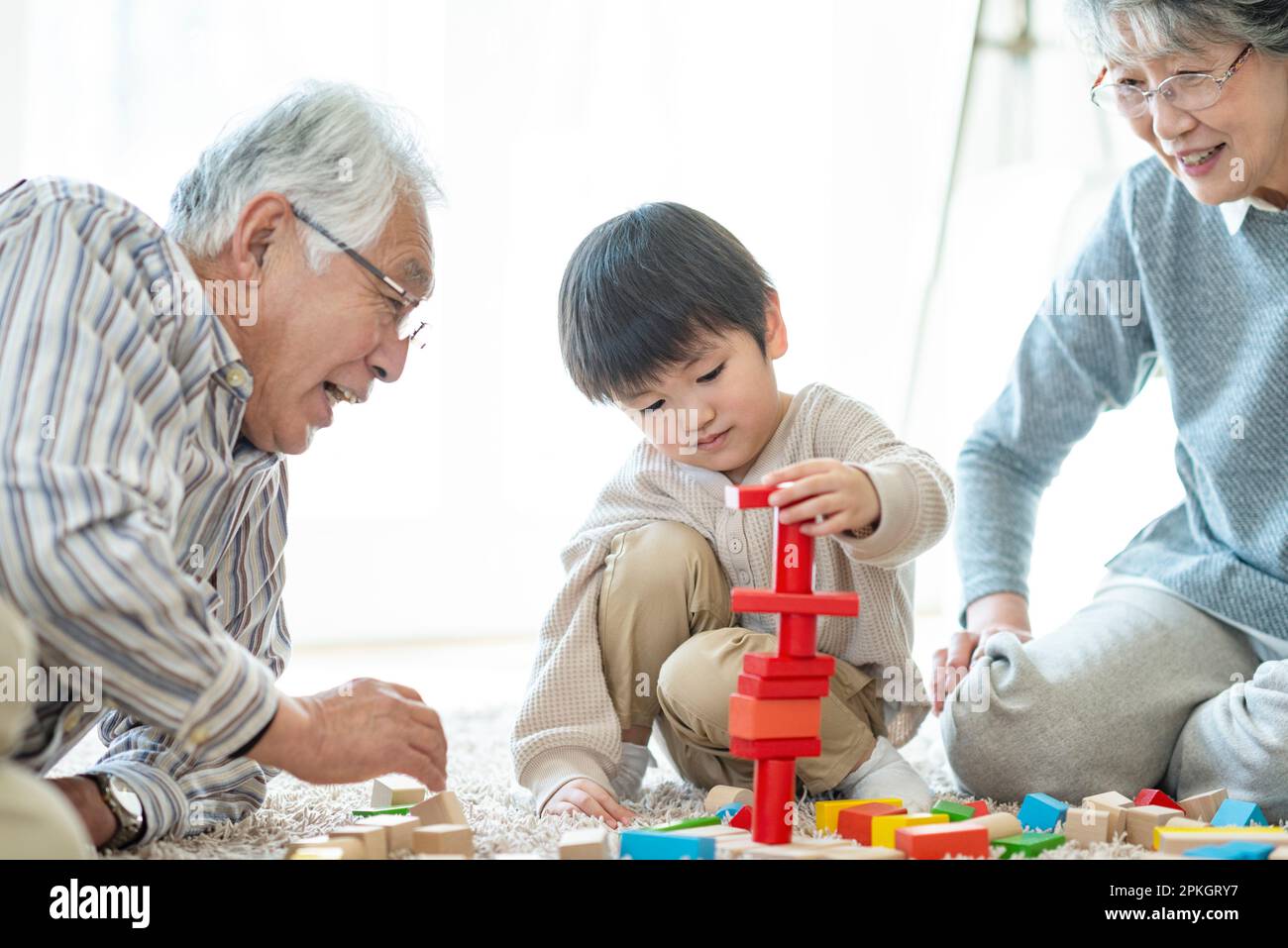 Grandparents and grandchildren playing with building blocks Stock Photo