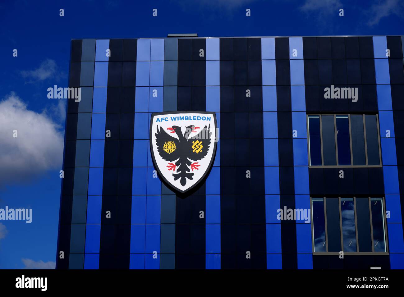 The afc wimbledon club badge at the cherry red records stadium london