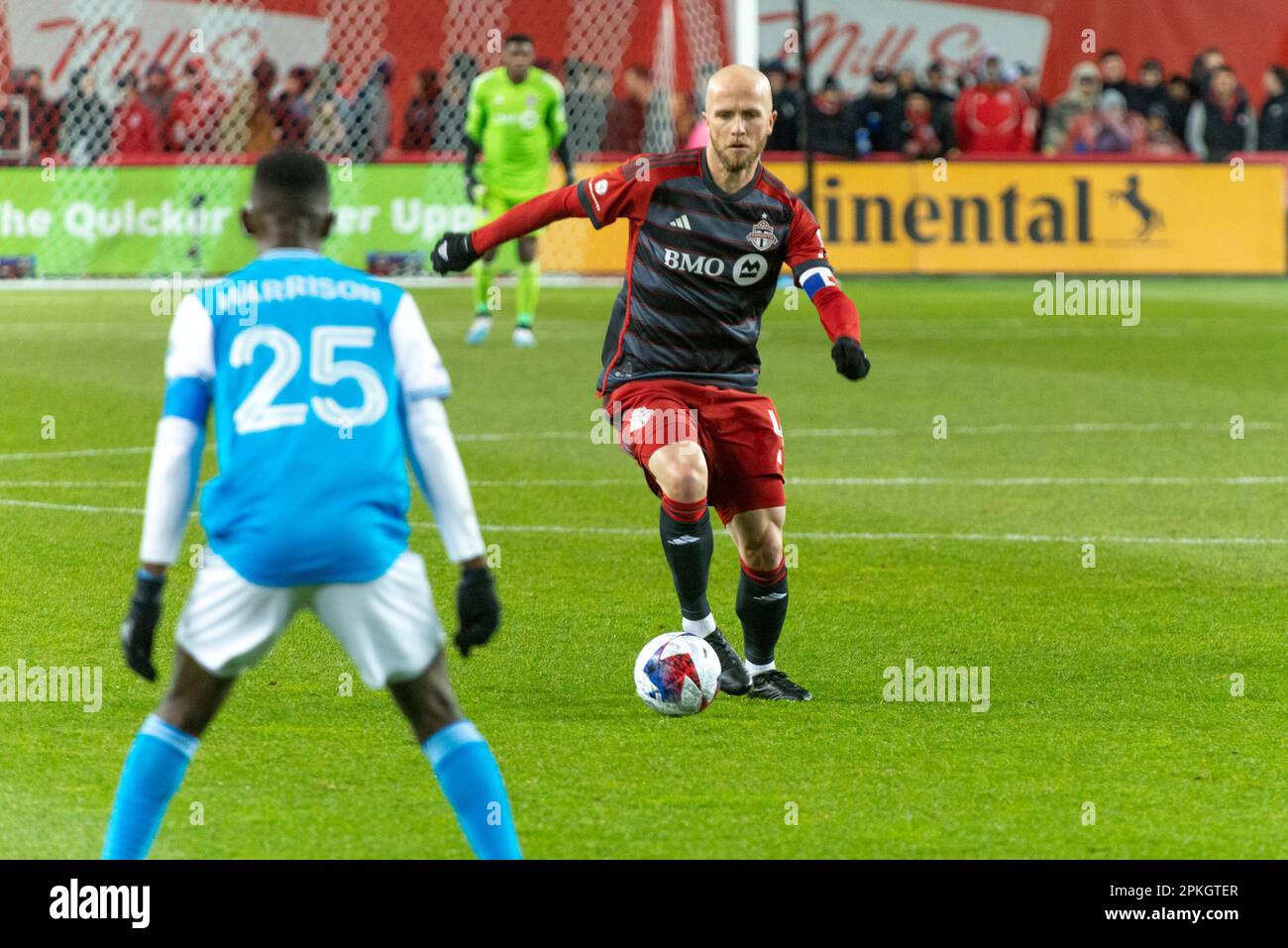 Toronto, ON, Canada - April 1: Michael Bradley #4 midfielder of the Toronto FC moves with the ball during the 2023 MLS Regular Season match between To Stock Photo
