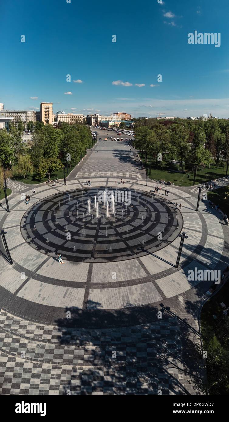 Spring city aerial, Freedom Svobody Square with a circle fountain and ...