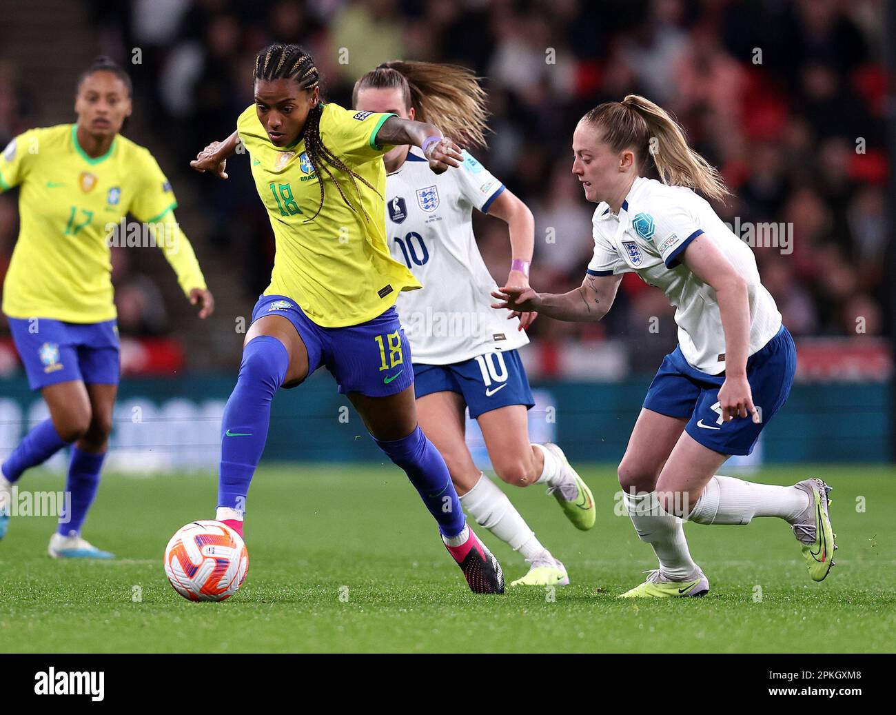 London, UK. 6th Apr, 2023. Keira Walsh of England and Geyse Ferreira of Brazil challenge for the ball during the Women's CONMEBOL/UEFA Finalissima match at Wembley Stadium, London. Picture credit should read: Paul Terry/Sportimage Credit: Sportimage/Alamy Live News Stock Photo