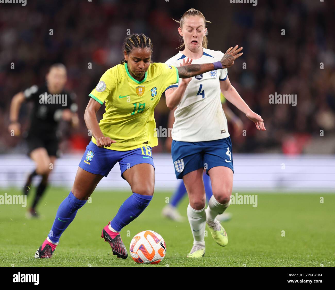 London, UK. 6th Apr, 2023. Geyse Ferreira of Brazil and Keira Walsh of England challenge for the ball during the Women's CONMEBOL/UEFA Finalissima match at Wembley Stadium, London. Picture credit should read: Paul Terry/Sportimage Credit: Sportimage/Alamy Live News Stock Photo