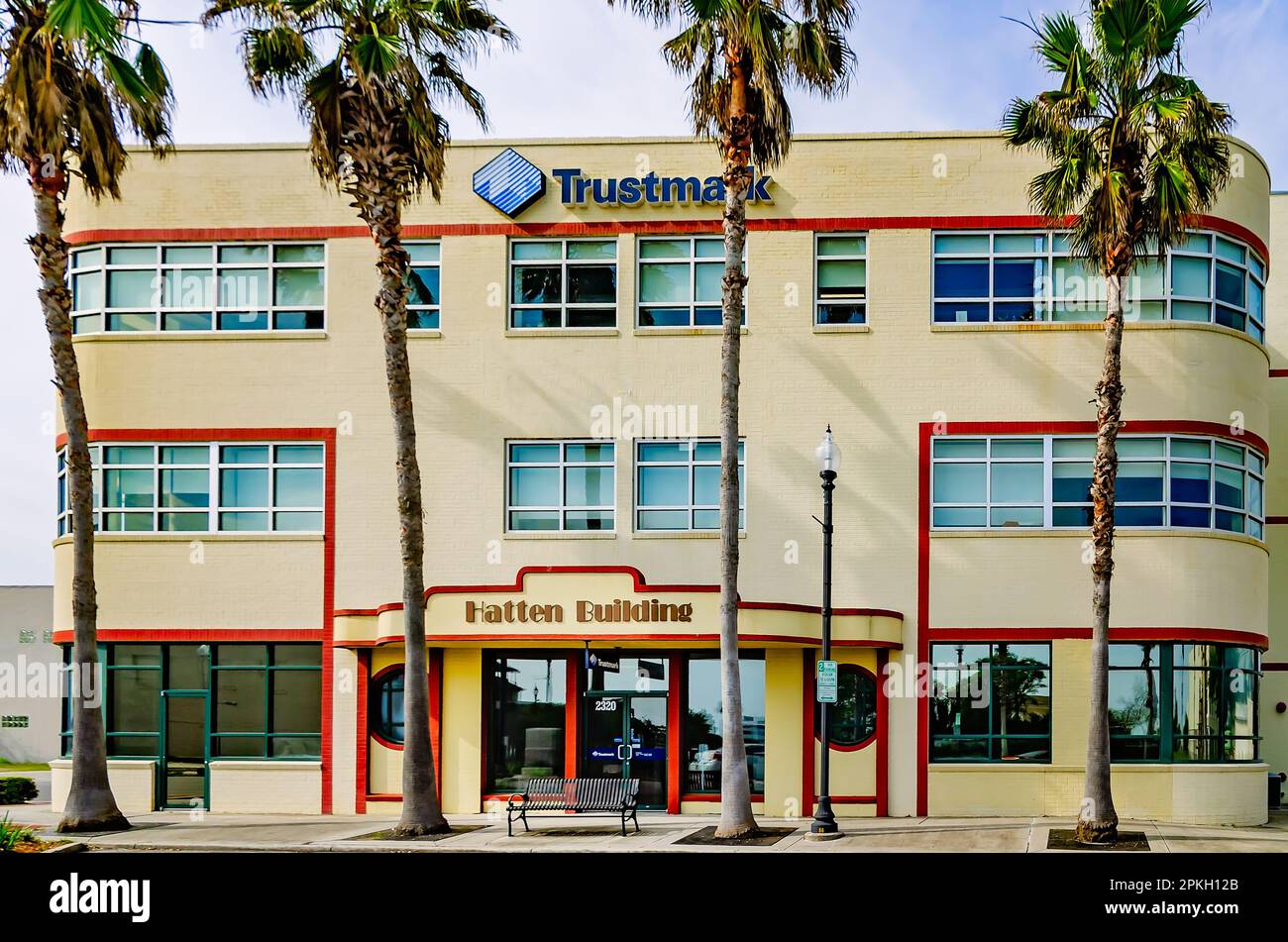 The Hatten Building is pictured, April 2, 2023, in Gulfport, Mississippi. Hatten Building was built in 1940 in the Art Moderne architectural style. Stock Photo