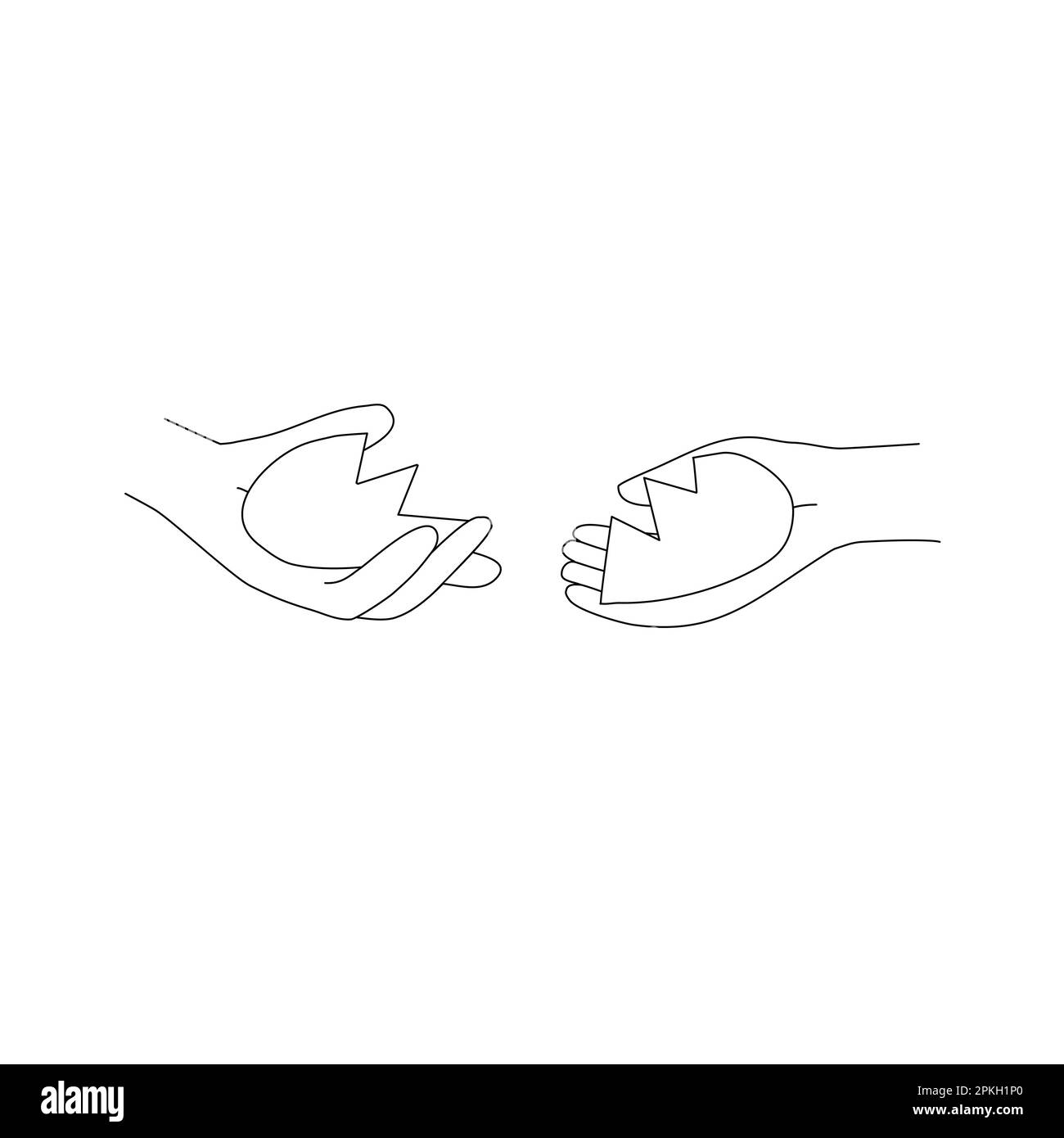 Broken heart in two hands, reconciliation concept, doodle style flat vector outline illustration for kids coloring book Stock Vector