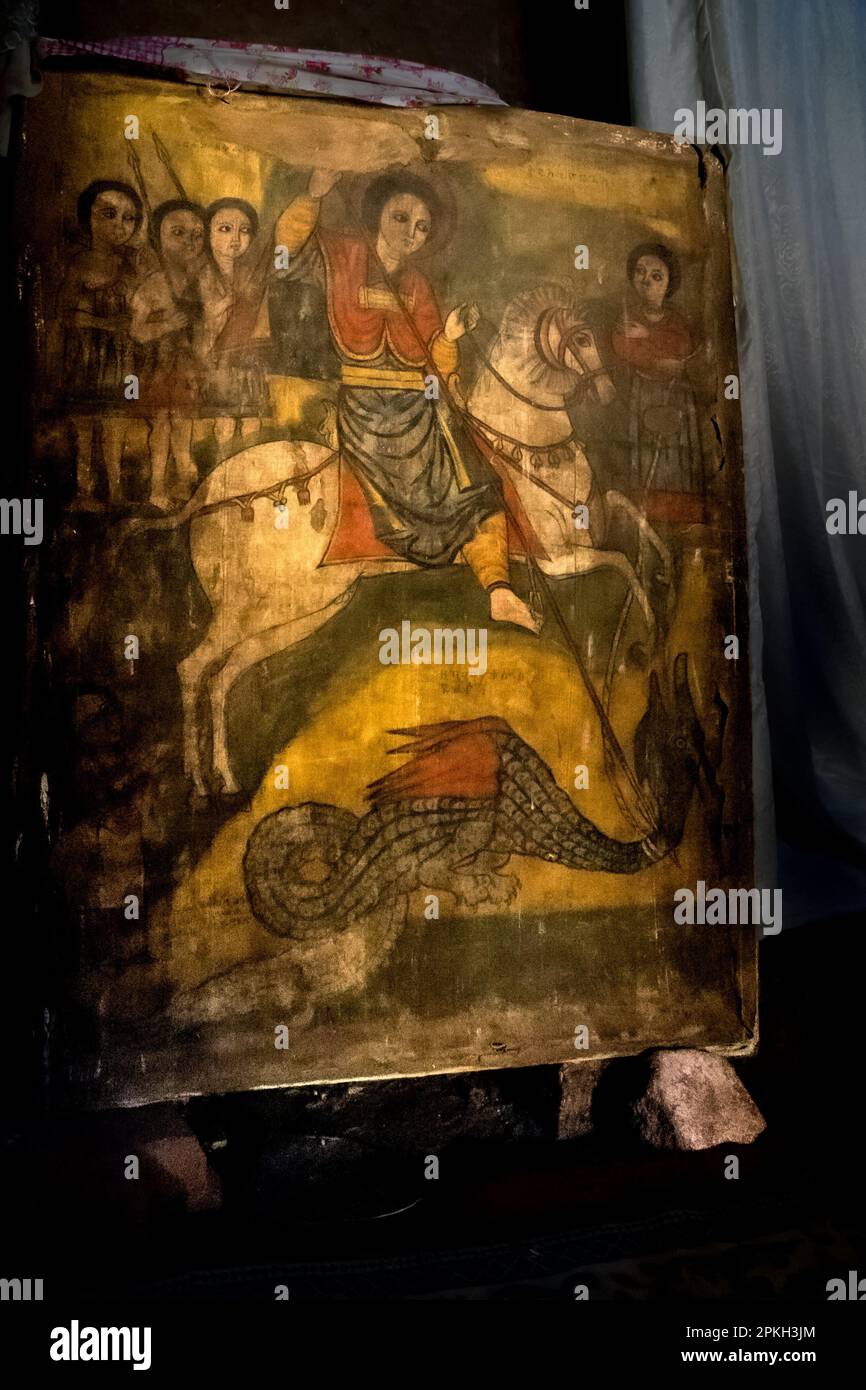 Ethiopian Christian Orthodox artwork and tapestry in Lalibela, Ethiopia on display during the holy celebration of Fasika Stock Photo