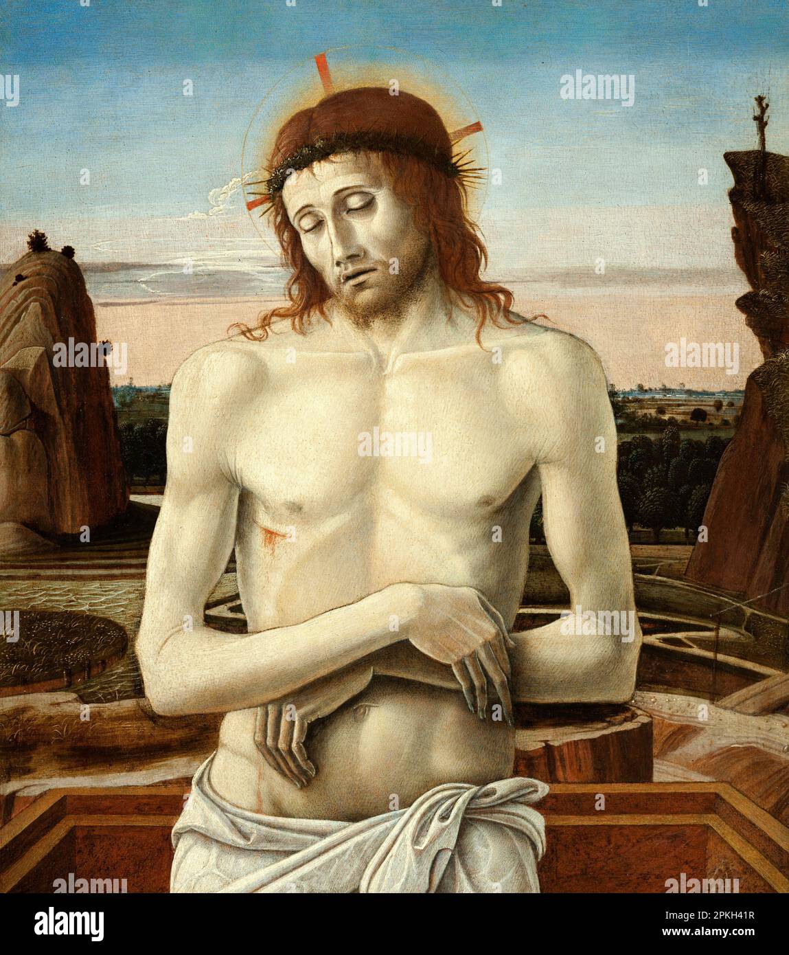 A portrait of Christ painted by the Italian Renaissance artist Giovanni Bellini. He is depicted after his execution, with the wound and crown of thorns visible. Stock Photo