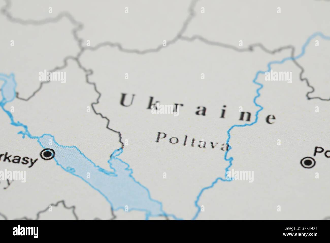 MYKOLAIV, UKRAINE - NOVEMBER 09, 2020: Poltava city marked on map of Ukraine, closeup Stock Photo
