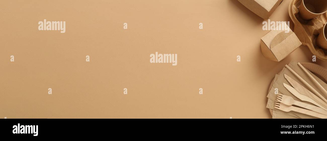 Eco friendly products on beige background, flat lay with space for text ...