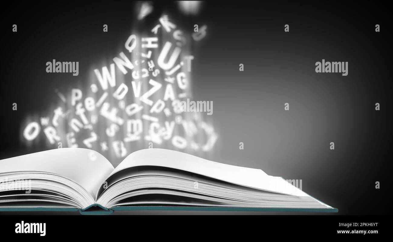Open book with flying letters on color background, banner design