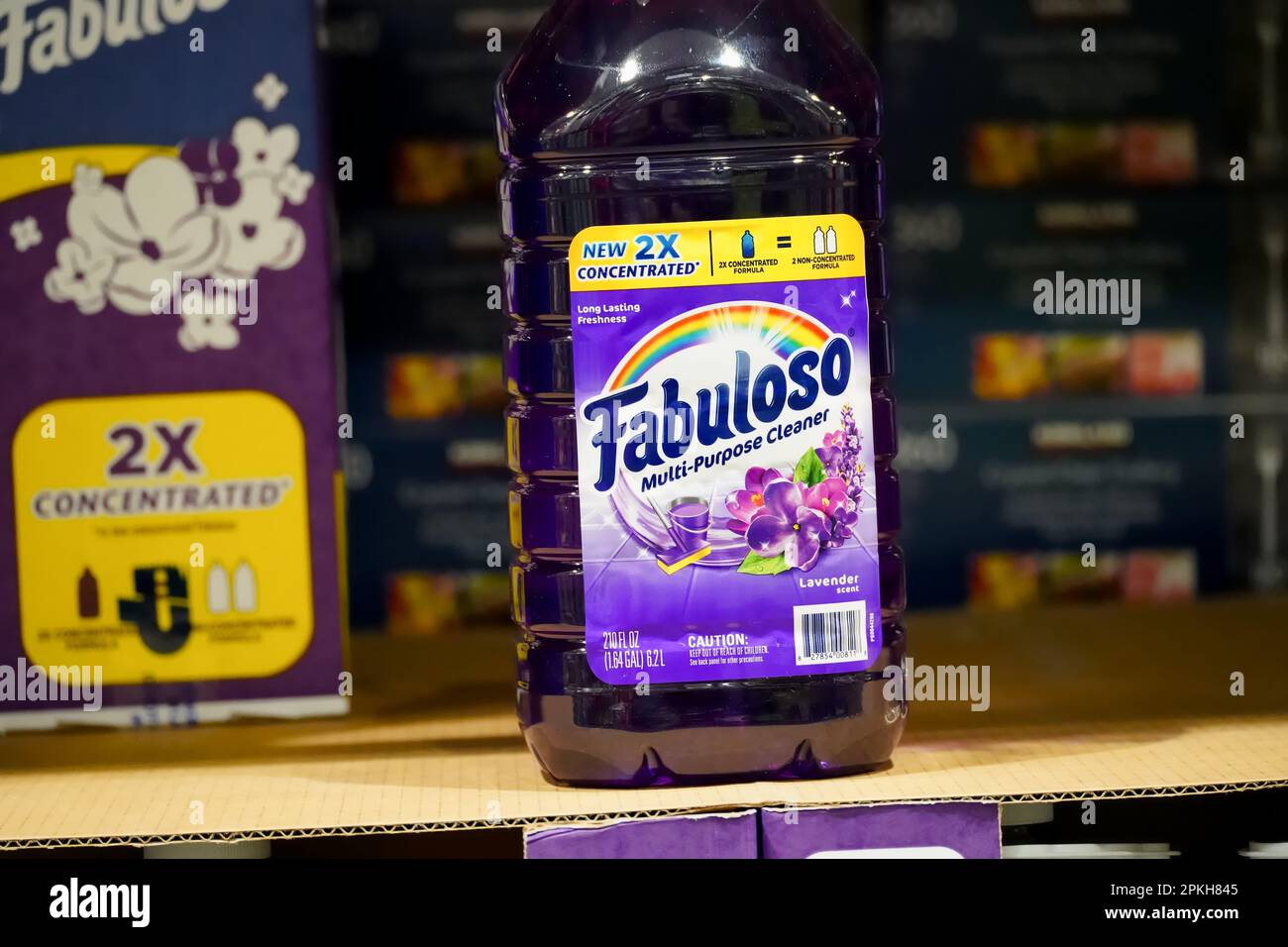 Bronx, NY - April 7, 2023 : Purple lavender scent bottle of Fabuloso brand cleaner on shelf display. Stock Photo