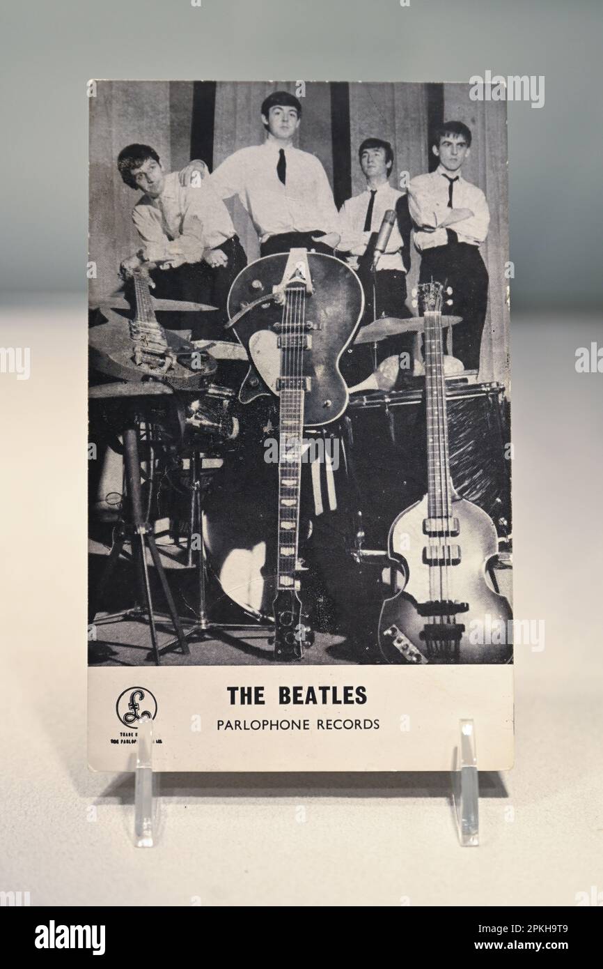 A Parlophone records publicity card signed by The Beatles on display during 'Rock and Roll' collection of music artifacts on auction at Sotheby's on A Stock Photo