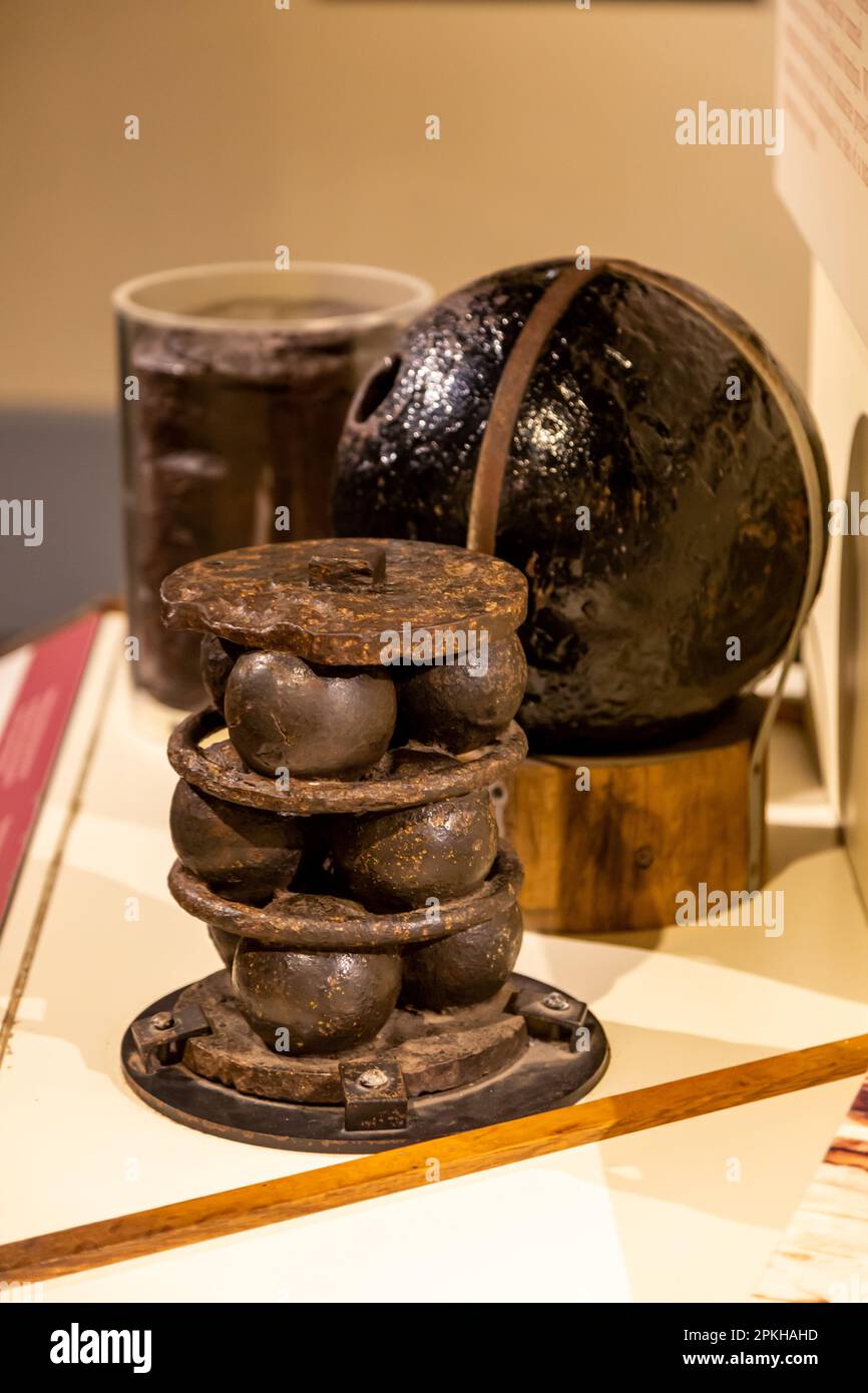 A Civil War era stand of grape shot and a 10 inch mortar shell on display at Fort Sumter National Monument in Charleston, South Carolina, USA. Stock Photo