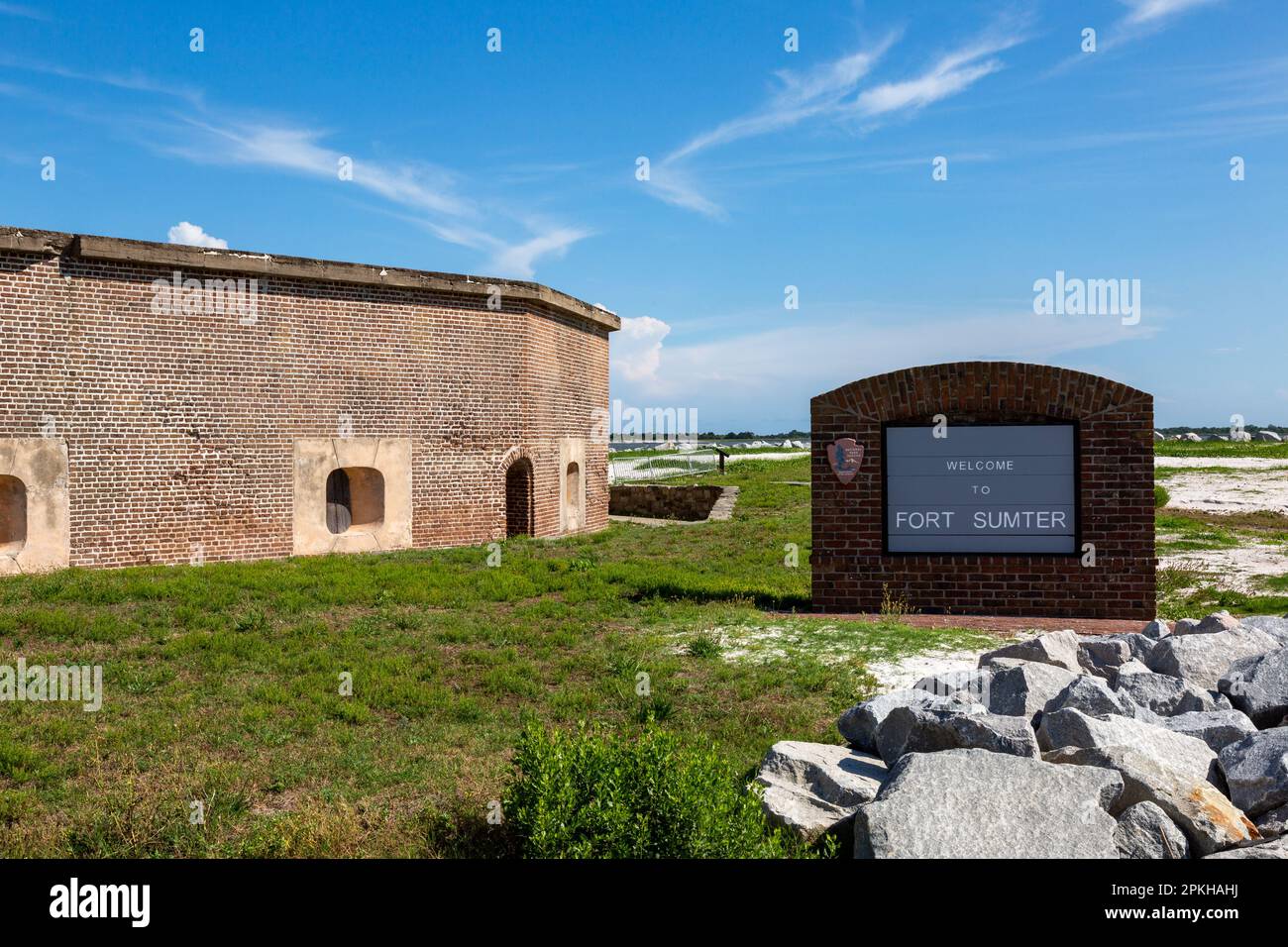 The welcome sign at Fort Sumter National Monument in Charleston Harbor, South Carolina, USA. Stock Photo