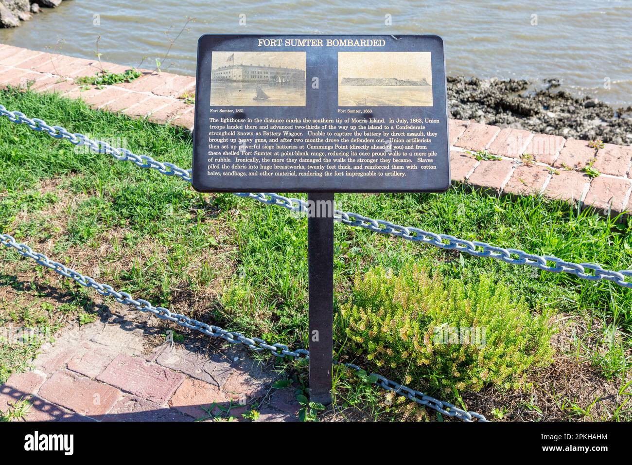 A sign describing the civil War bombardment at Fort Sumter National Monument in Charleston Harbor, South Carolina, USA. Stock Photo