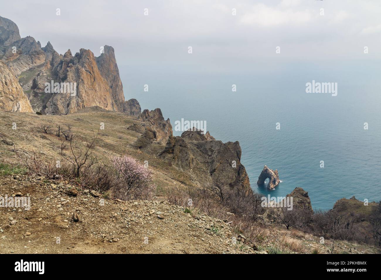 Top view of Golden Gate rock in the Black sea. Karadag Reserve in early ...