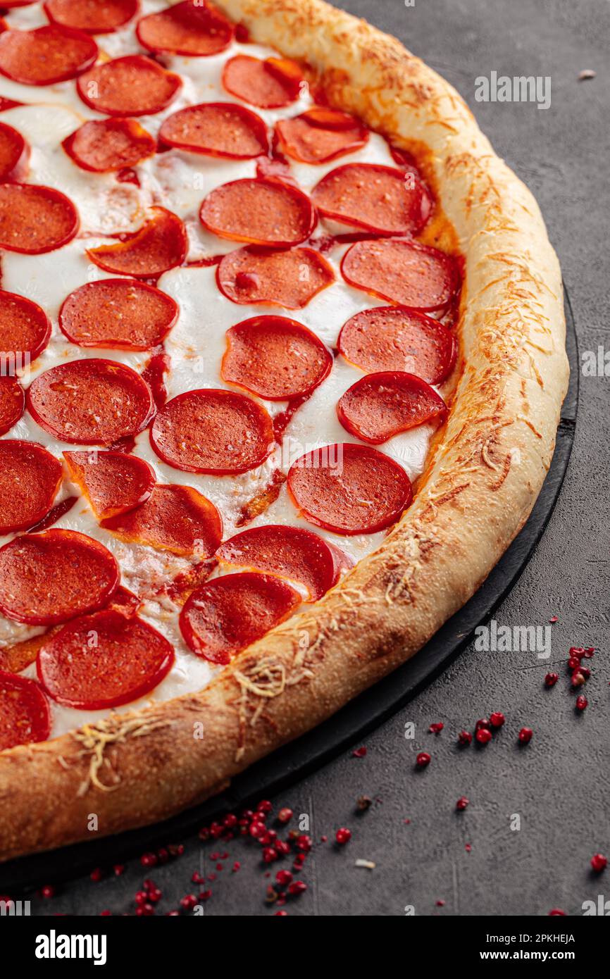 Fresh giant pizza pepperoni with cheese Stock Photo Alamy
