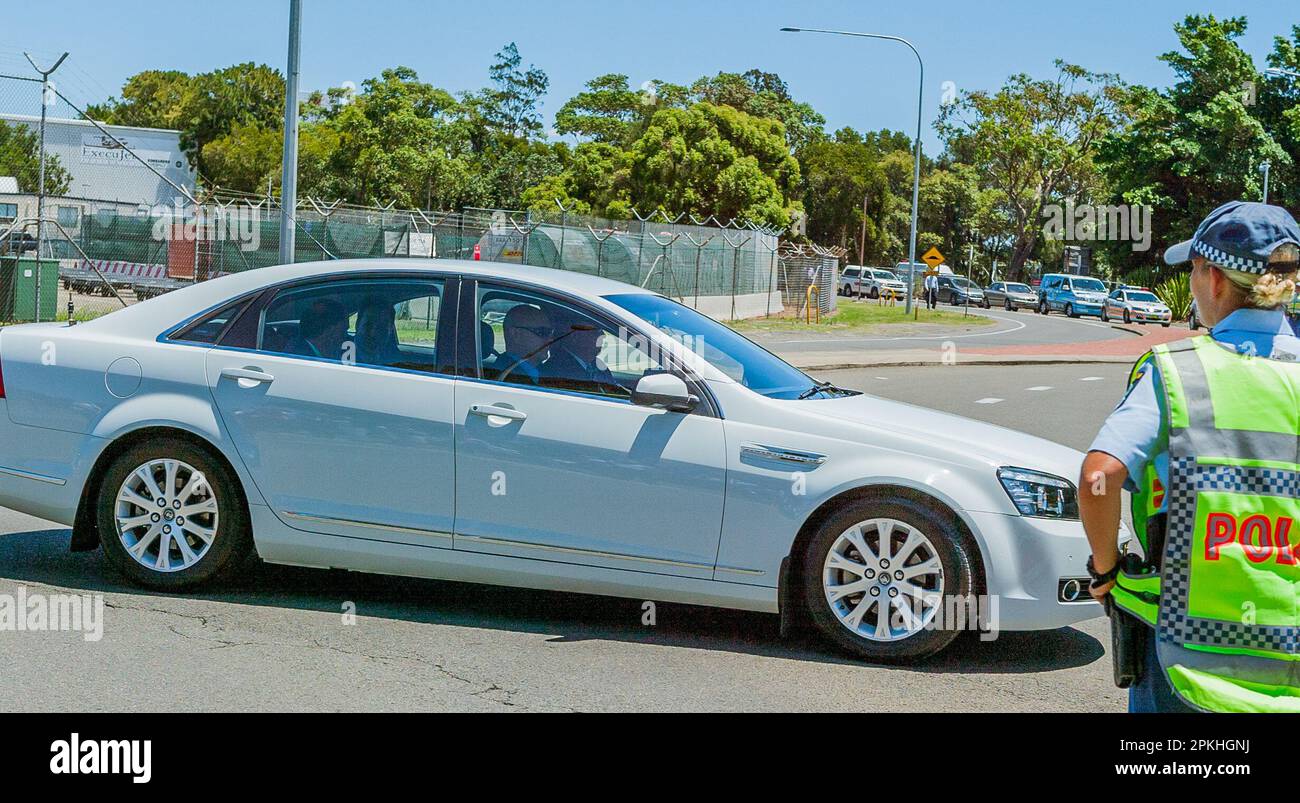 Prince William (seated rear left) on Ross Smith Avenue departing the private jet base of Sydney