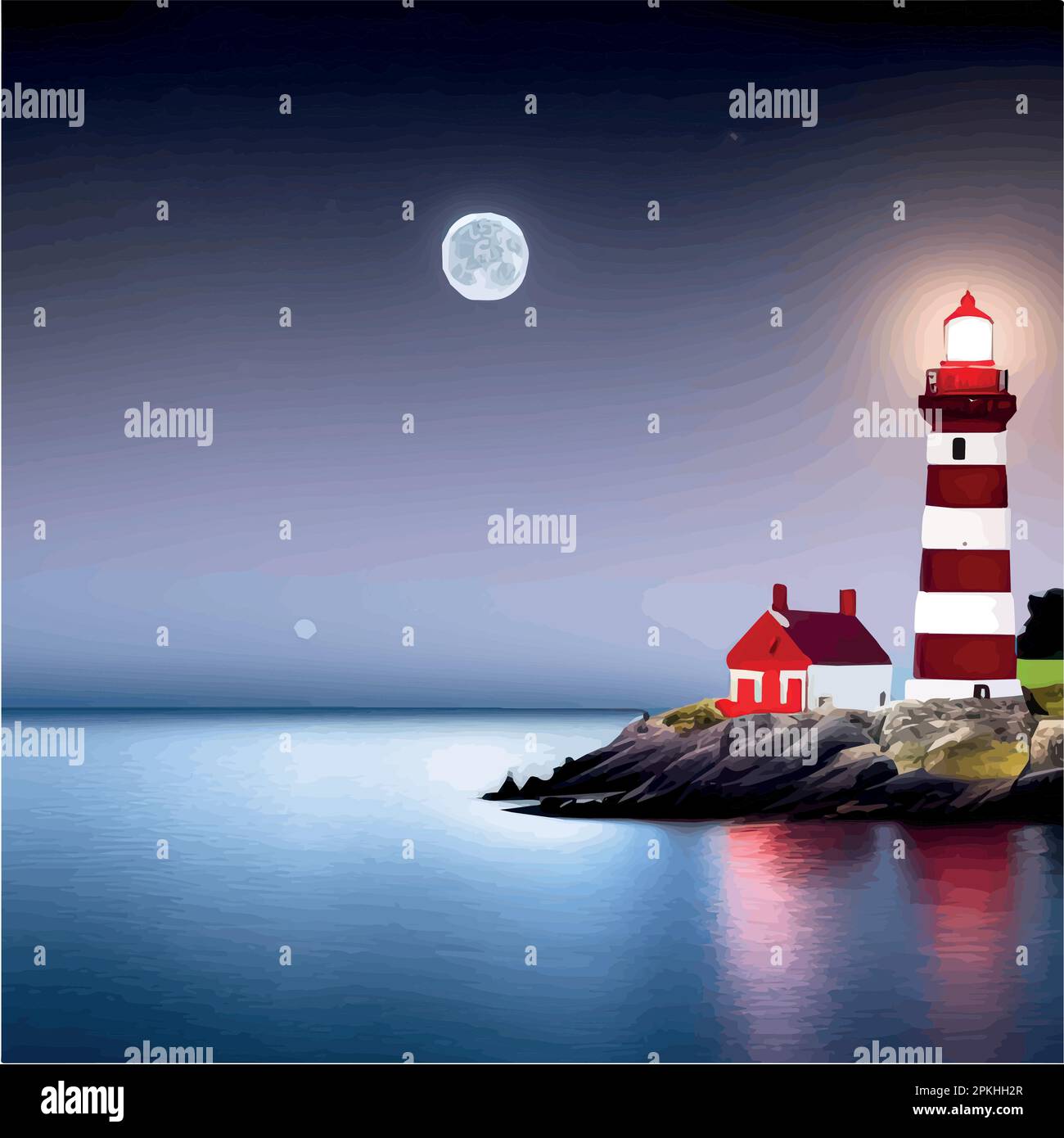 Lighthouse by sea. Tall building on hill and beautiful scenery