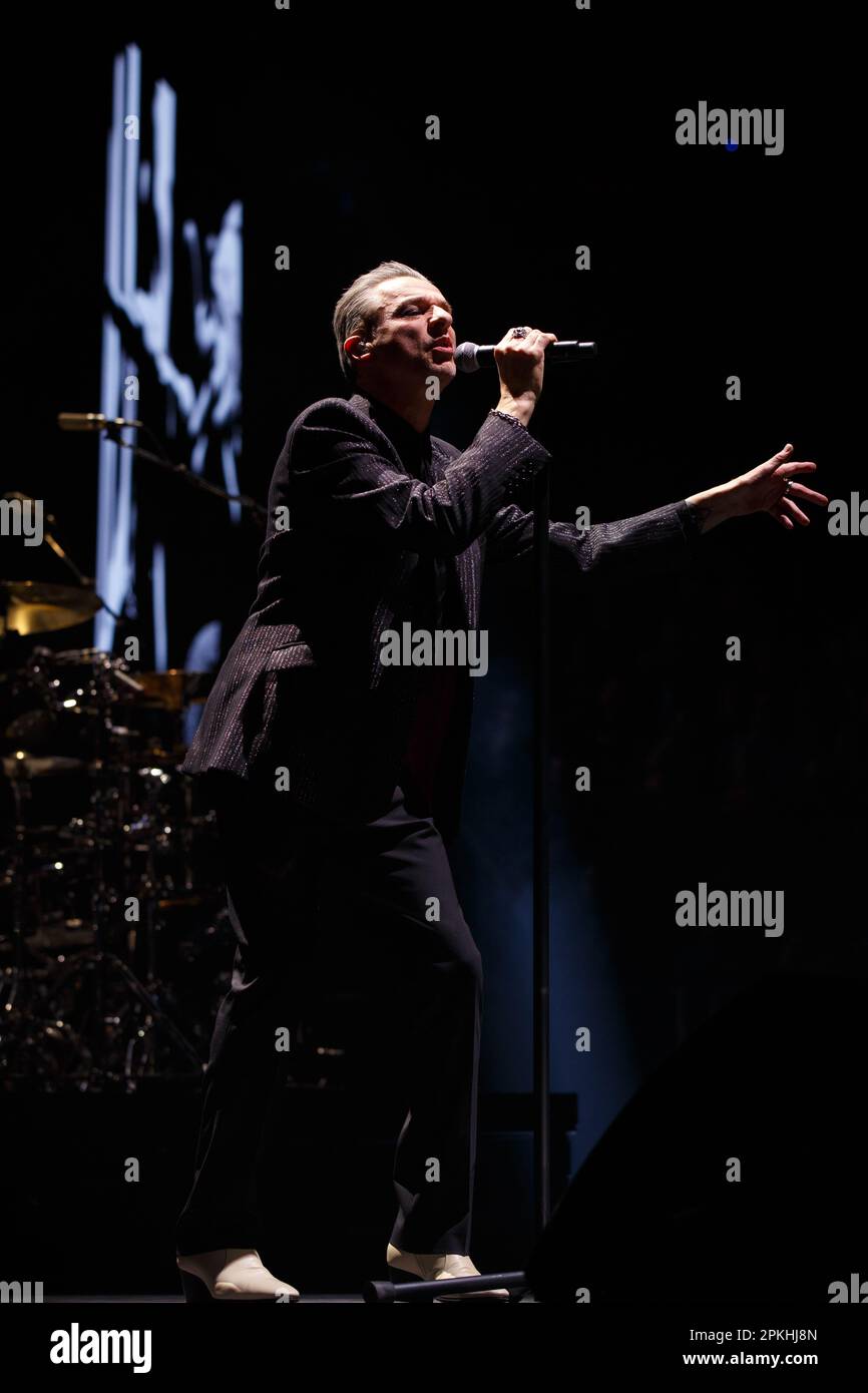 Depeche Mode lead singer Dave Gahan performing on stage during the 'Memento Mori' Tour Stock Photo