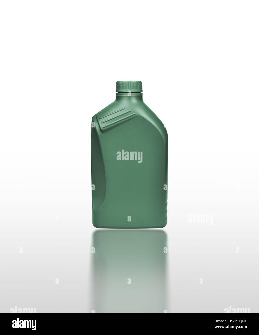 Plastic canister for gasoline or lubricant isolated on a white background with reflection, clipping path included. Stock Photo