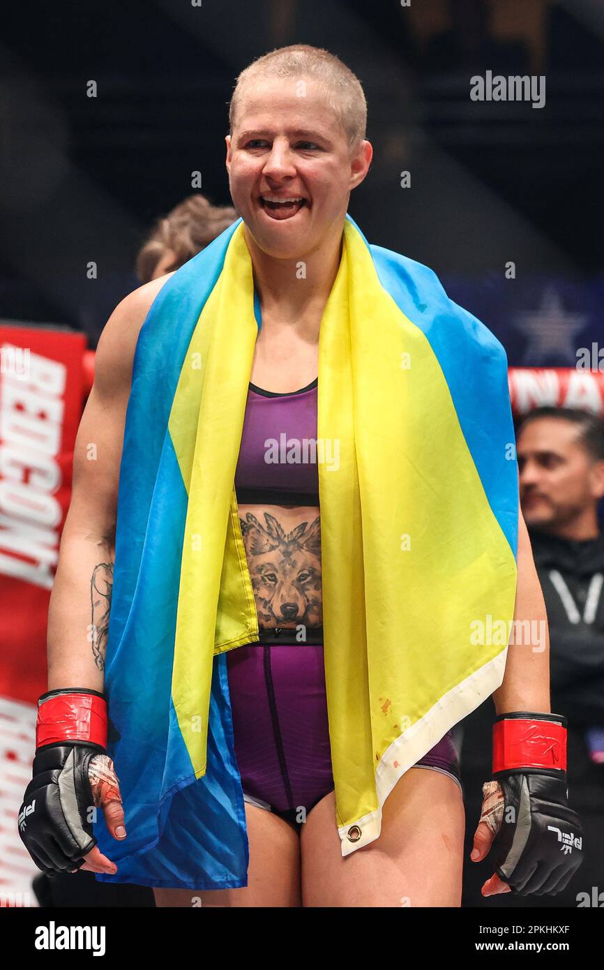 April 7, 2023 Featherweight Olena Kolesnyk wears the Ukraine flag