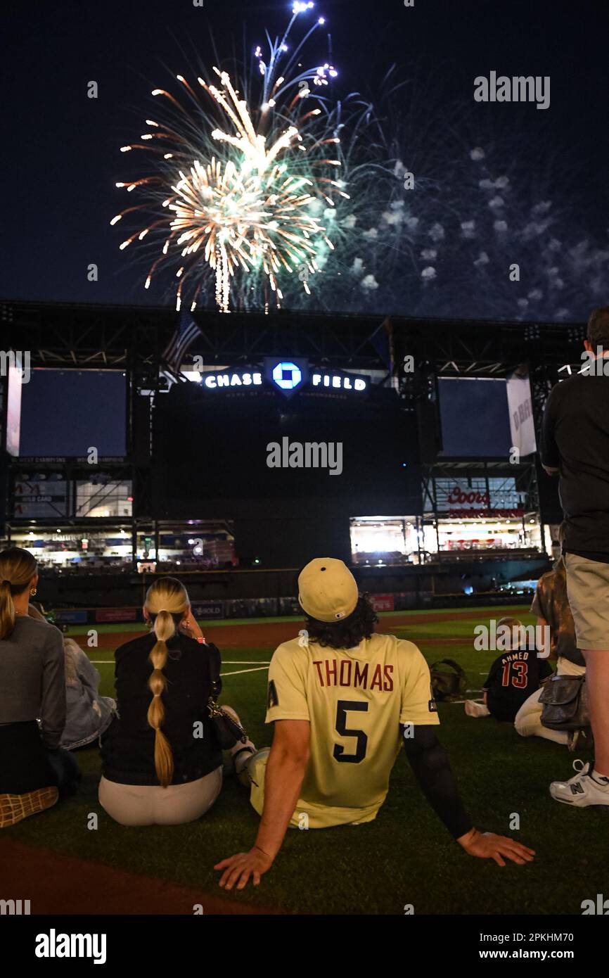 Arizona Diamondbacks center fielder Alek Thomas (5) watches fireworks
