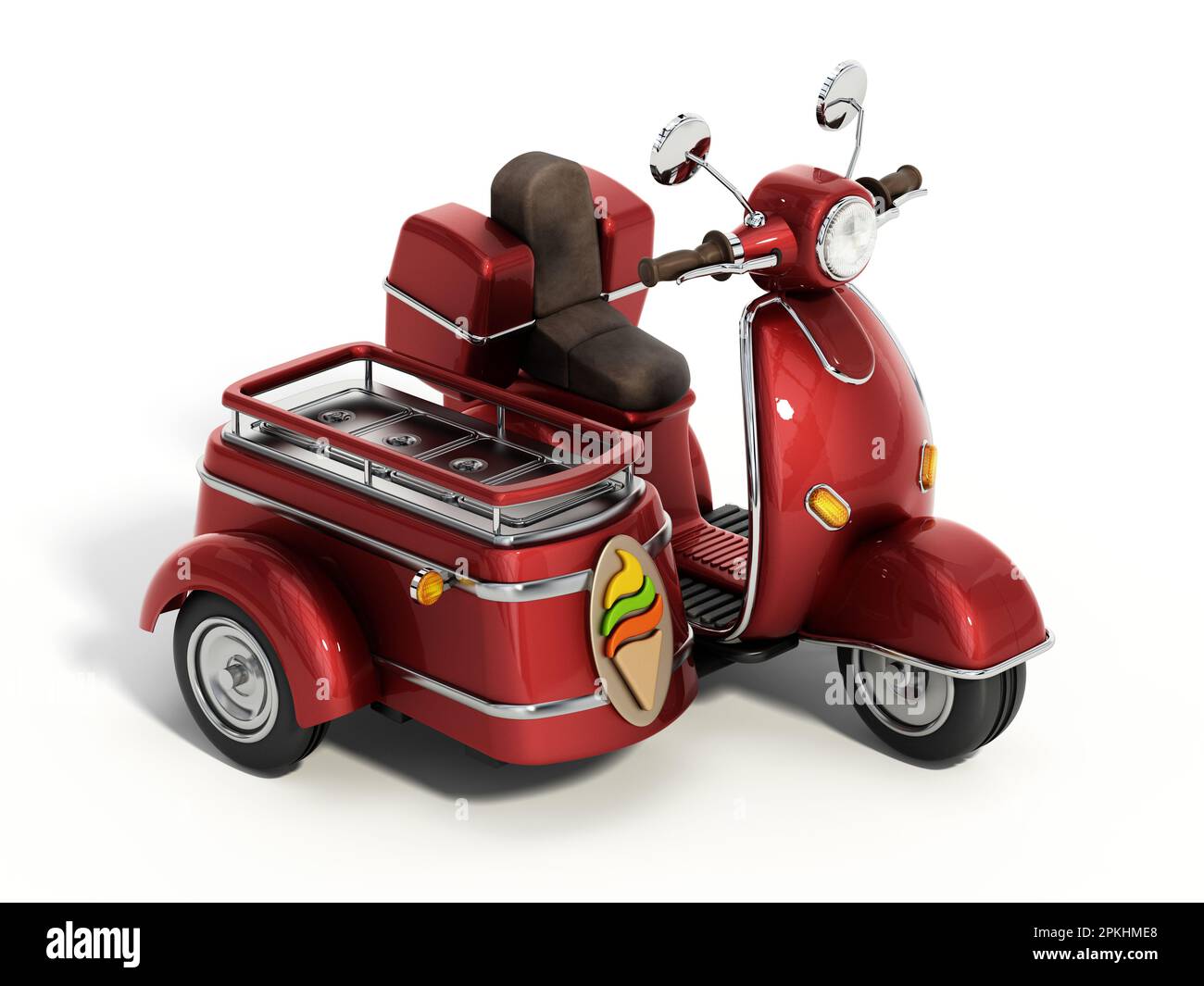 Classic vintage scooter and ice cream cart isolated on white background. 3D illustration Stock