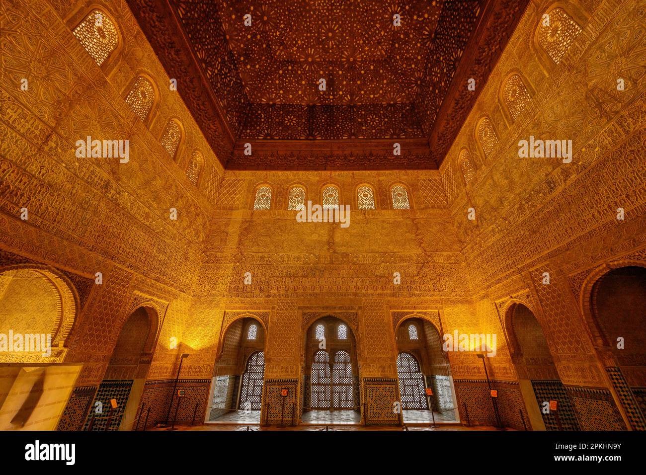 Granada, Andalusia, Spain - March 7, 2023 - Decorated room inside Nasrid Palace in the complex of the Alhambra, Granada, Stock Photo