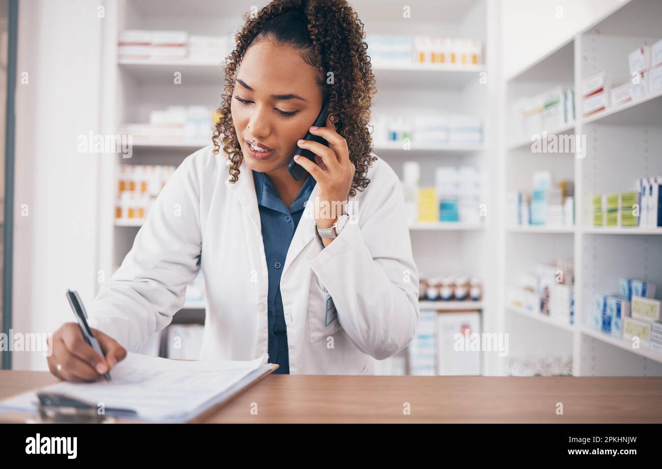 Phone call, pharmacist woman and writing on medicine checklist