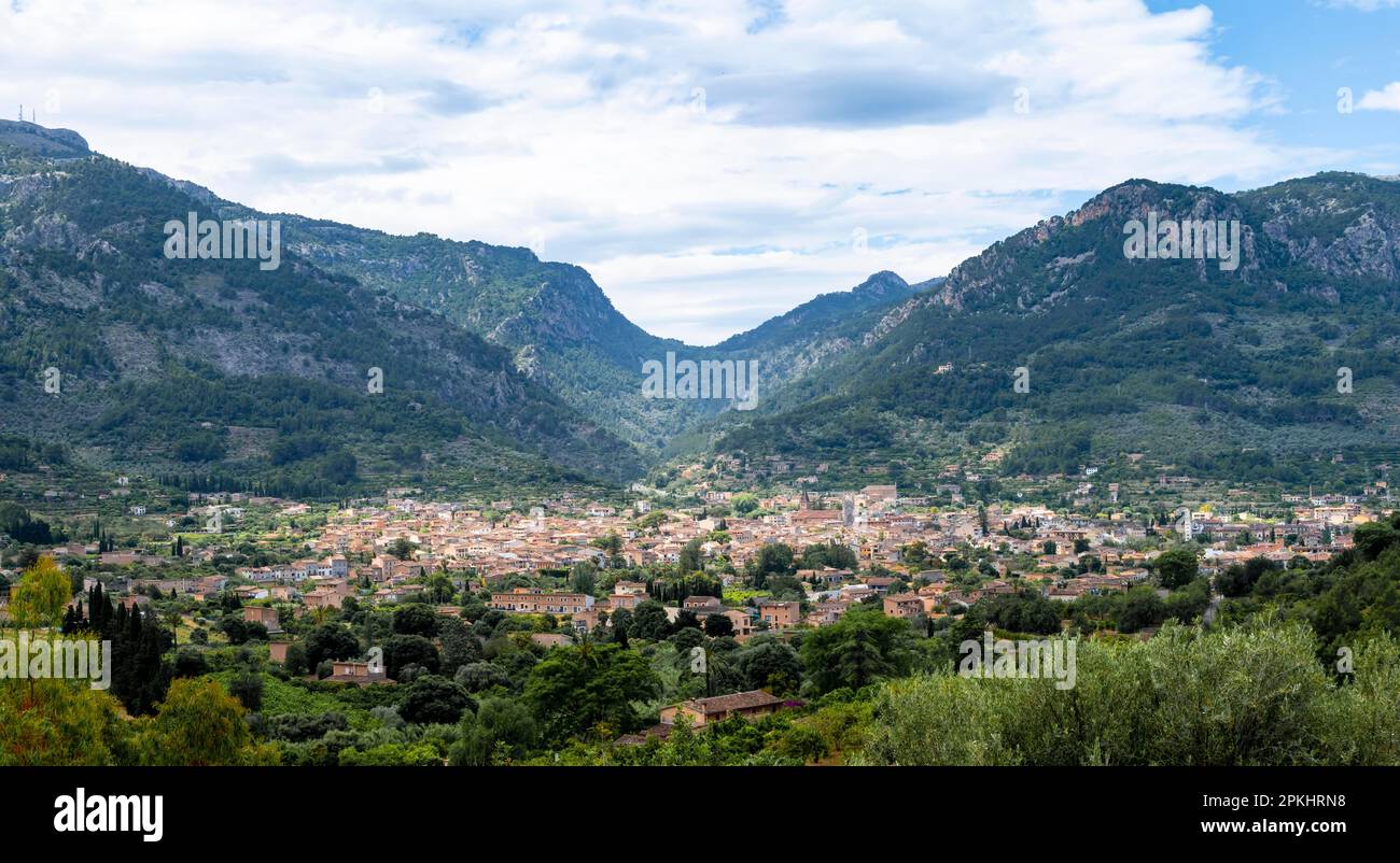 Mountain landscape with village Soller, hiking trail from Soller to Fornalutx, Serra de Tramuntana, Majorca, Balearic Islands, Spain Stock Photo