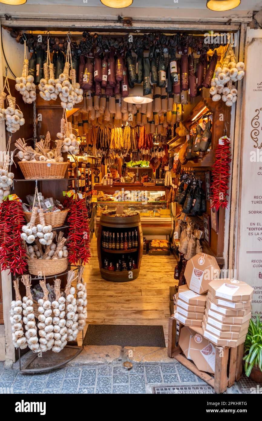 Entrance of a shop with local specialities, sausage, cheese, garlic and chillies, Palma de Majorca, Majorca, Balearic Islands, Spain Stock Photo
