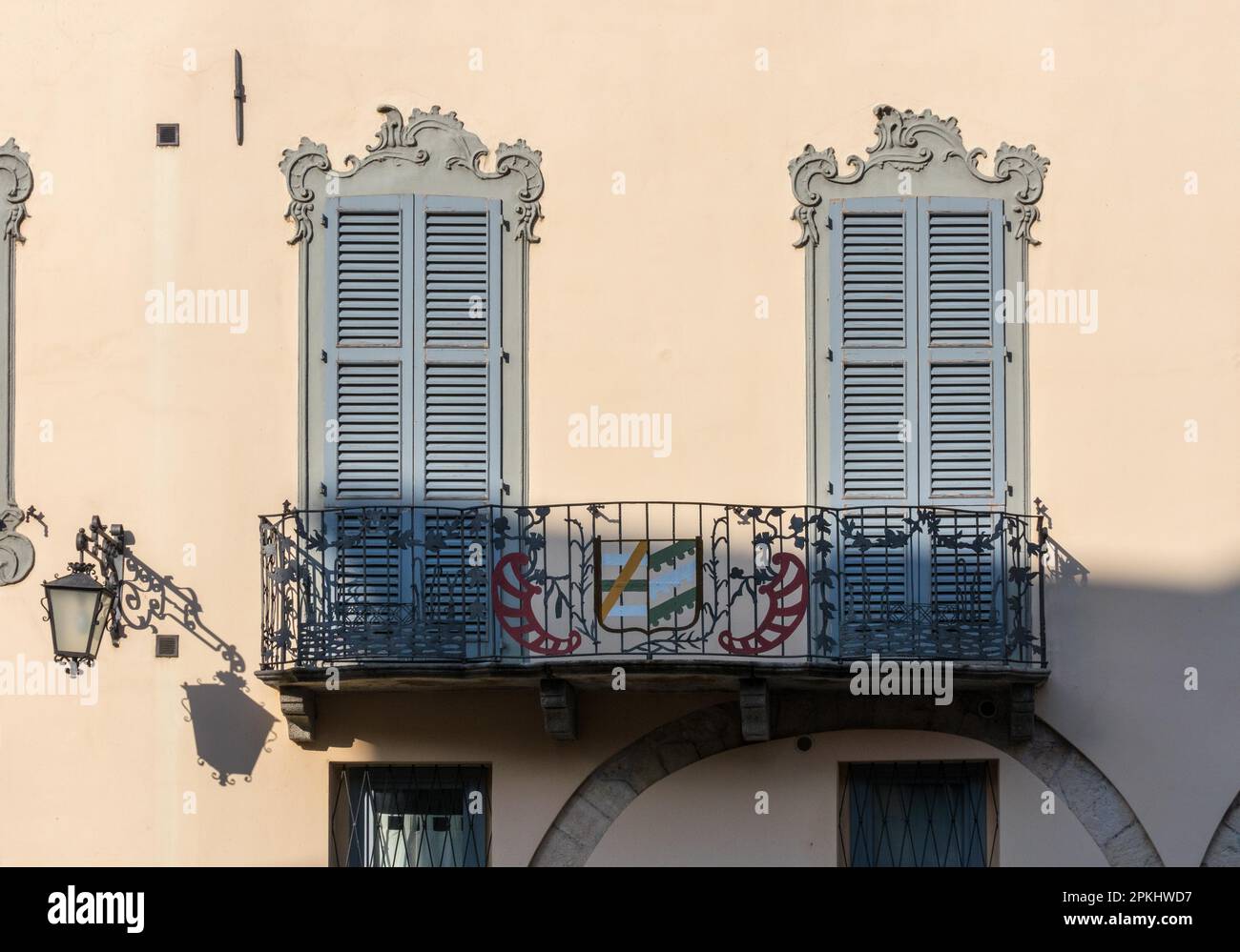Old balcony in Arona Lake Maggiore Piedmont Italy Stock Photo