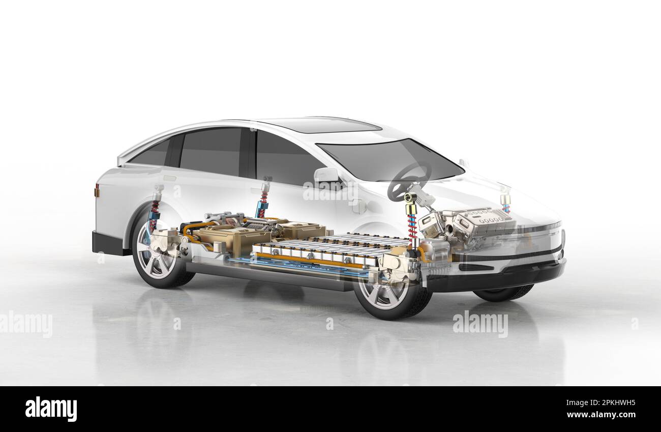 Ev Rendering 3d rendering ev car or electric vehicle with pack of battery cells ...