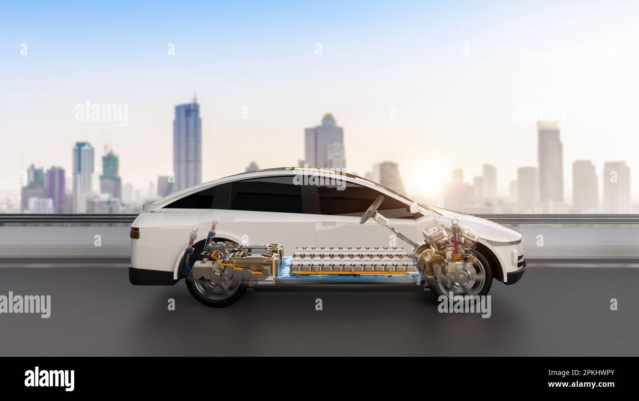 Ev Rendering 3d rendering ev car or electric vehicle with pack of battery cells ...