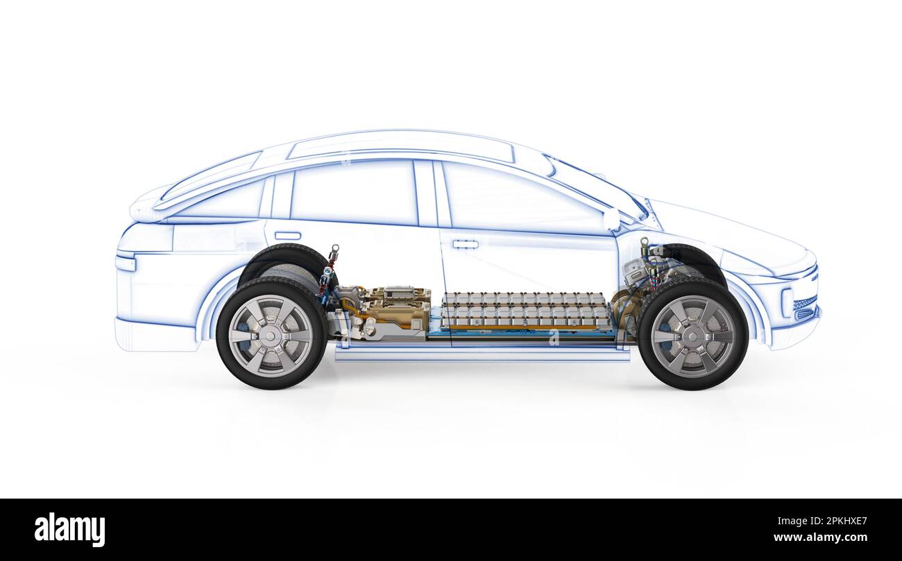 3d rendering ev car or electric vehicle structure with pack of battery ...