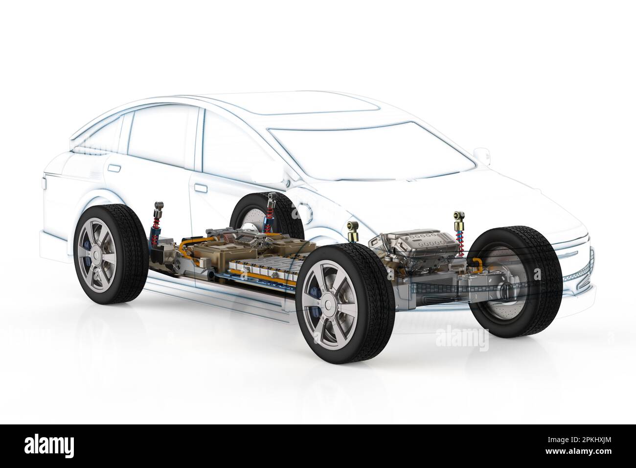 3d rendering ev car or electric vehicle structure with pack of battery cells module on platform