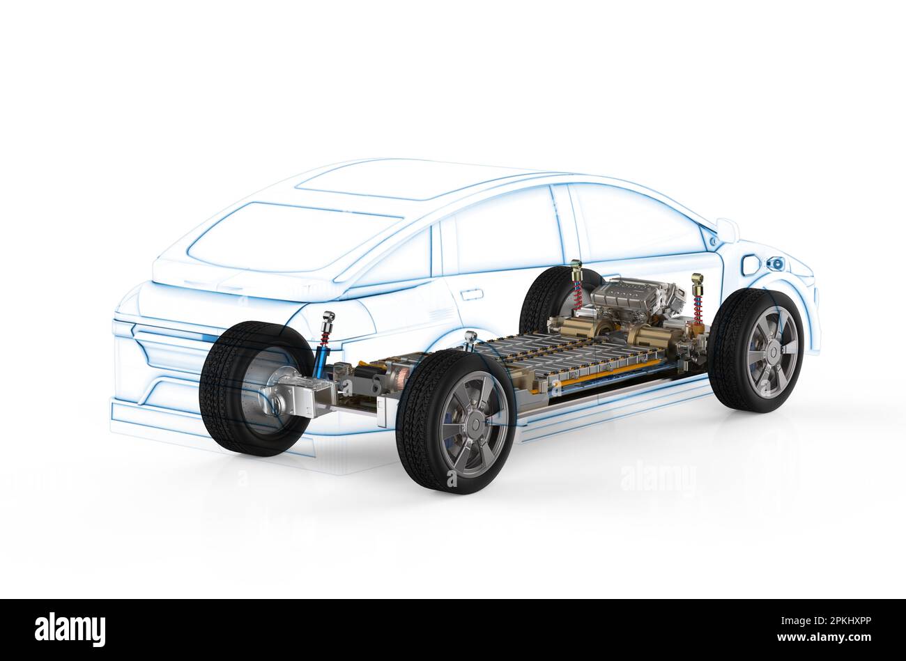 3d rendering ev car or electric vehicle structure with pack of battery ...