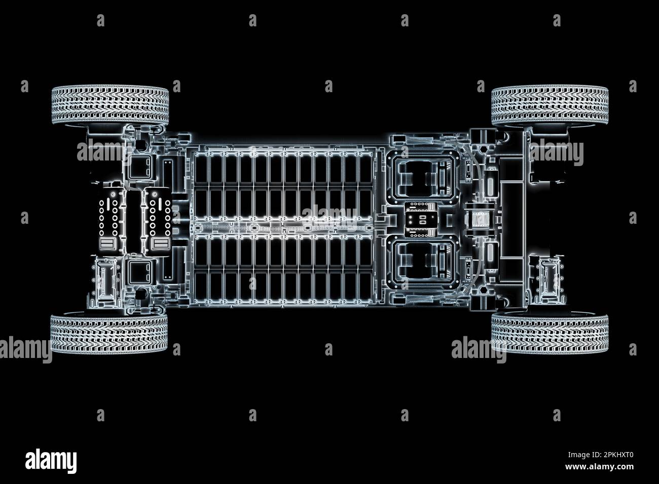 3d rendering ev car or electric vehicle structure with pack of battery cells module on platform