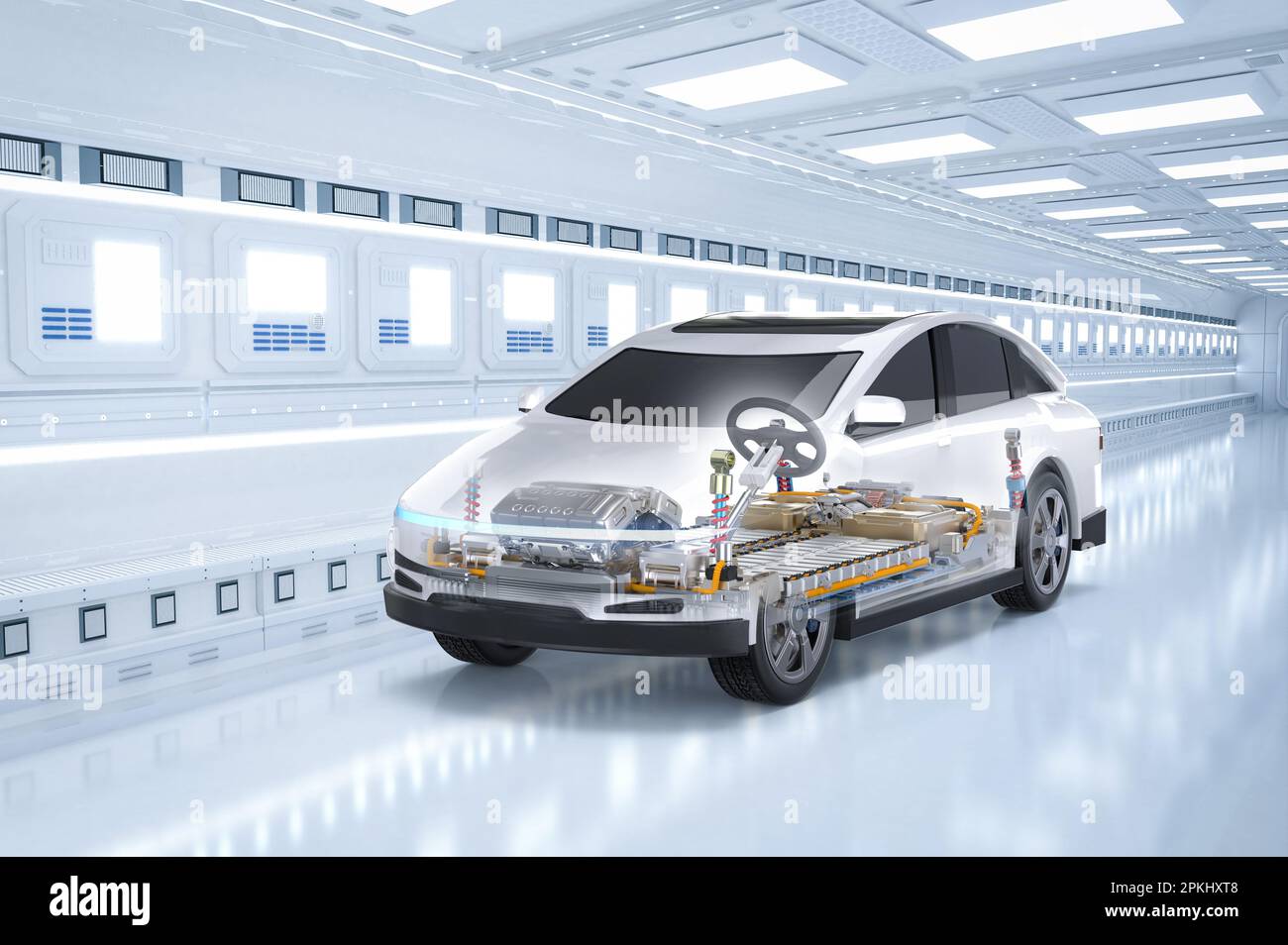 Electric car research and development with 3d rendering ev car with