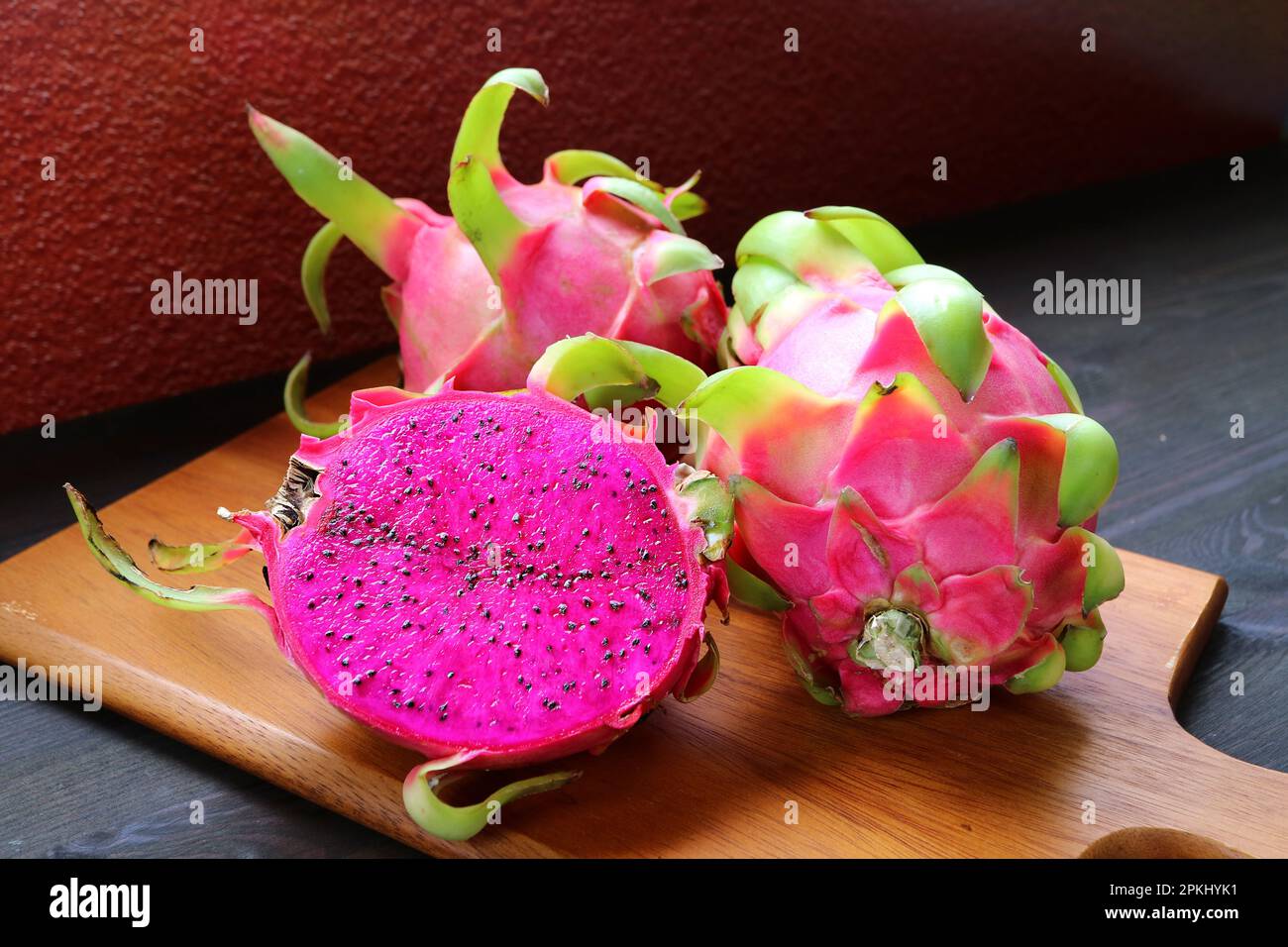 Amazing Red Peel and Flesh Dragon Fruits also Called Pink Pitaya or Strawberry Pear Stock Photo